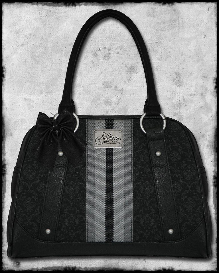 SULLEN ANGELS STRIPE BLACK GREY DAMASK TATTOO SHOULDER BOWLER BAG 