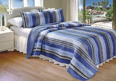 BLUE SEA COTTON NAUTICAL STRIPE QUILT SET BEACH 3 PC NEW QUEEN SIZE