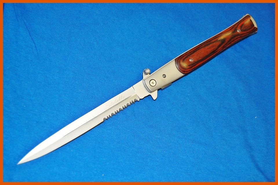 13 BROWN WOOD JUMBO ASSISTED ASSIST LONG STILETTO KNIFE W/ THUMB STUD 