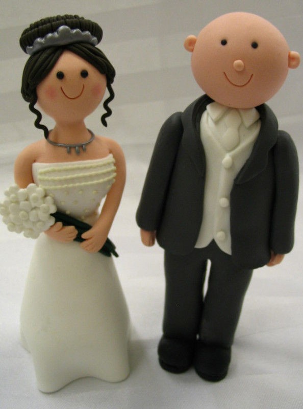 Handmade Brunette Bride Bald Groom Wedding Cake Topper