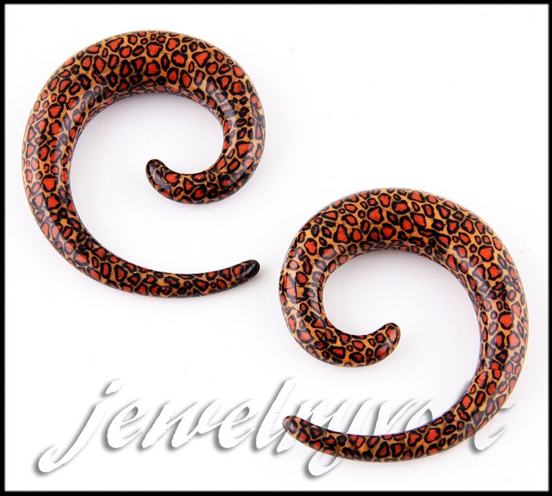 Pair Cheetah leopard print Spiral Acrylic Ear Stretcher Expander PLUGS 