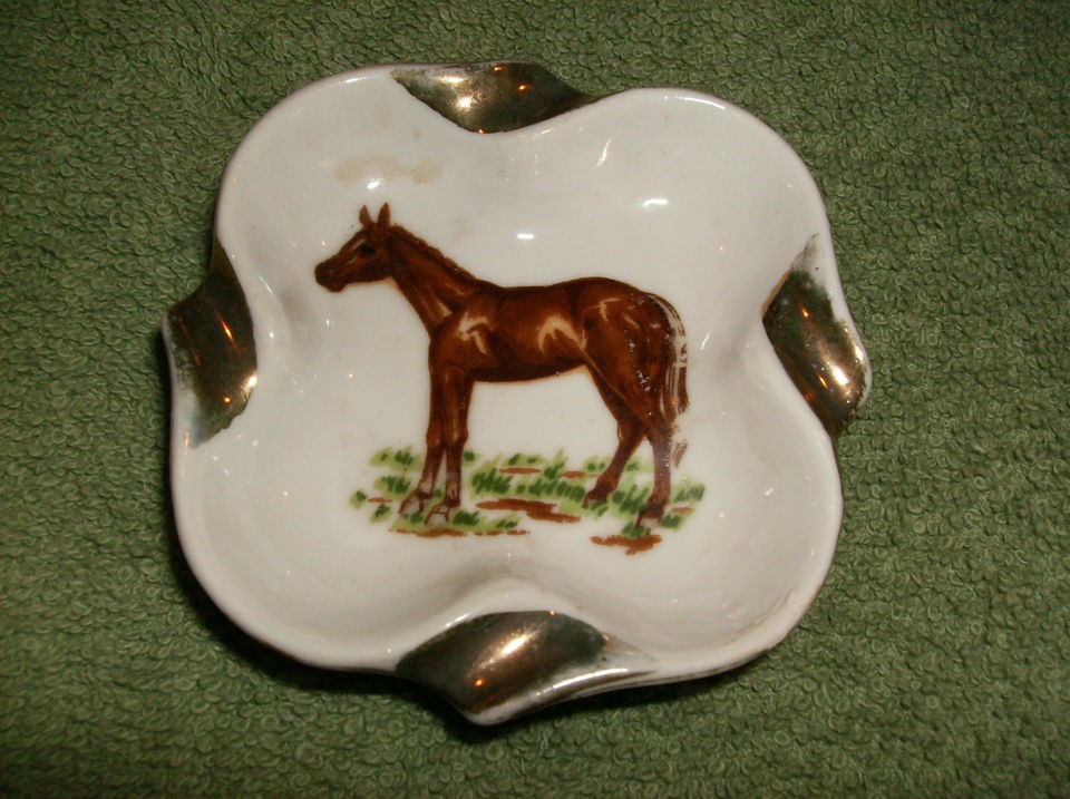 INDIVIDUAL ASHTRAY  HORSE DESIGN  GOLD RESTS  VINTAGE