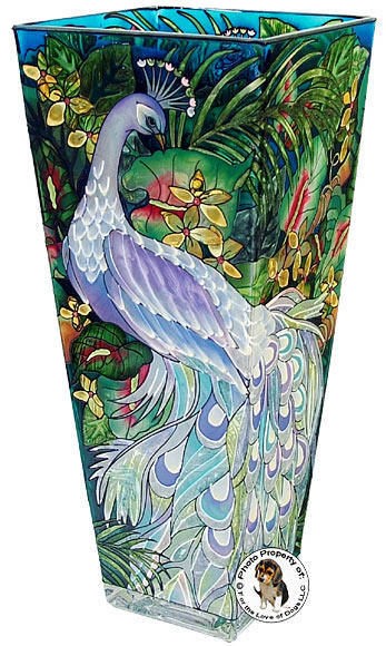 NEW ART GLASS PAINTED STAINED FLOWER VASE RAINBOW OF WHITE PEACOCK 