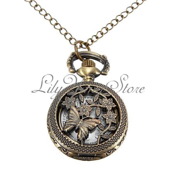 Retro Vintage Bronze Butterfly Flower Hollow Quartz Pocket Watch Chain 