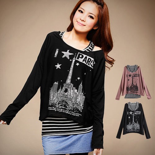 Eiffel Tower Paris Print Slouchy Long Sleeved Tee + Striped Tank Two 