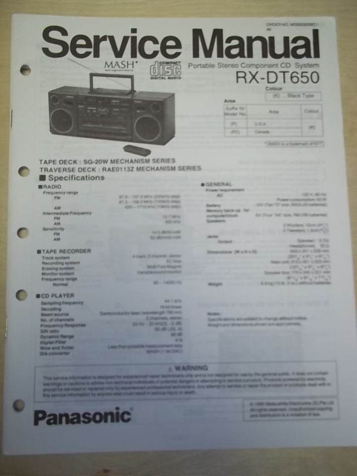 Panasonic Service Manual~RX DT65​0 Boombox Radio System