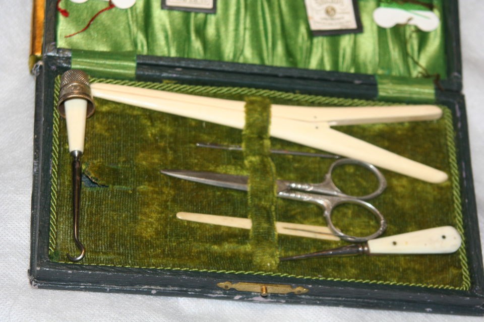 VICTORIAN SEWING BOX & TOOLS~glove stretcher, needles,scissors,button 