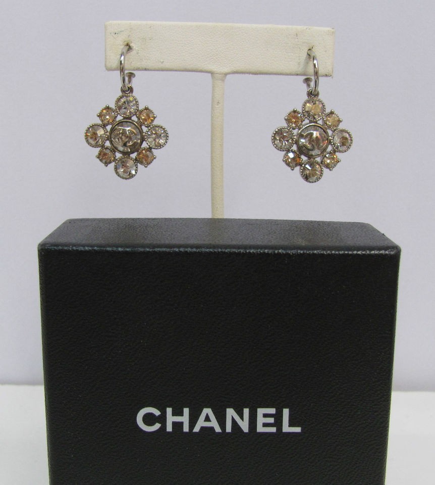CHANEL EARRINGS DANGLING CRYSTALS SILVER HOOP 09V CC LOGO COMES WITH 