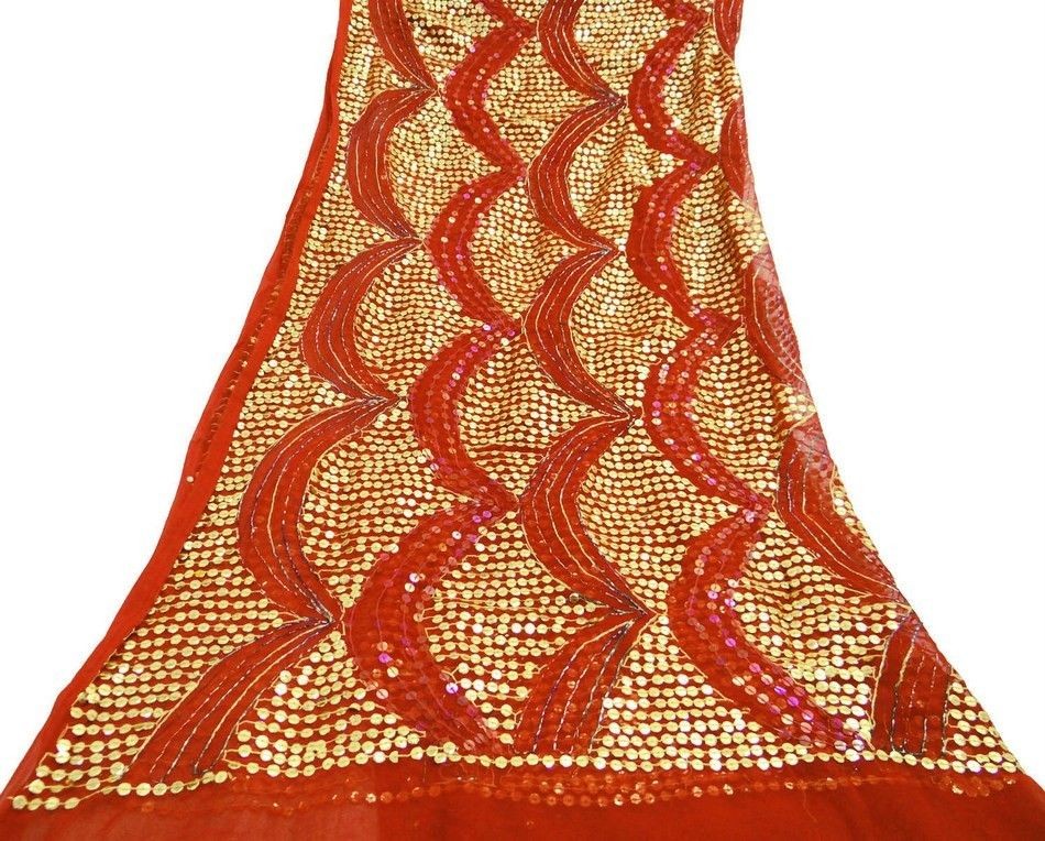 RED VINTAGE DUPATTA HIJAB GEORGETTE BLEND HEAVY SEQUINS WORK USED 