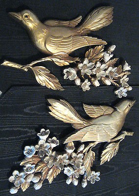   Syroco Set Gold Wall Hanging Bird Dogwood Flower Branch Set of 2