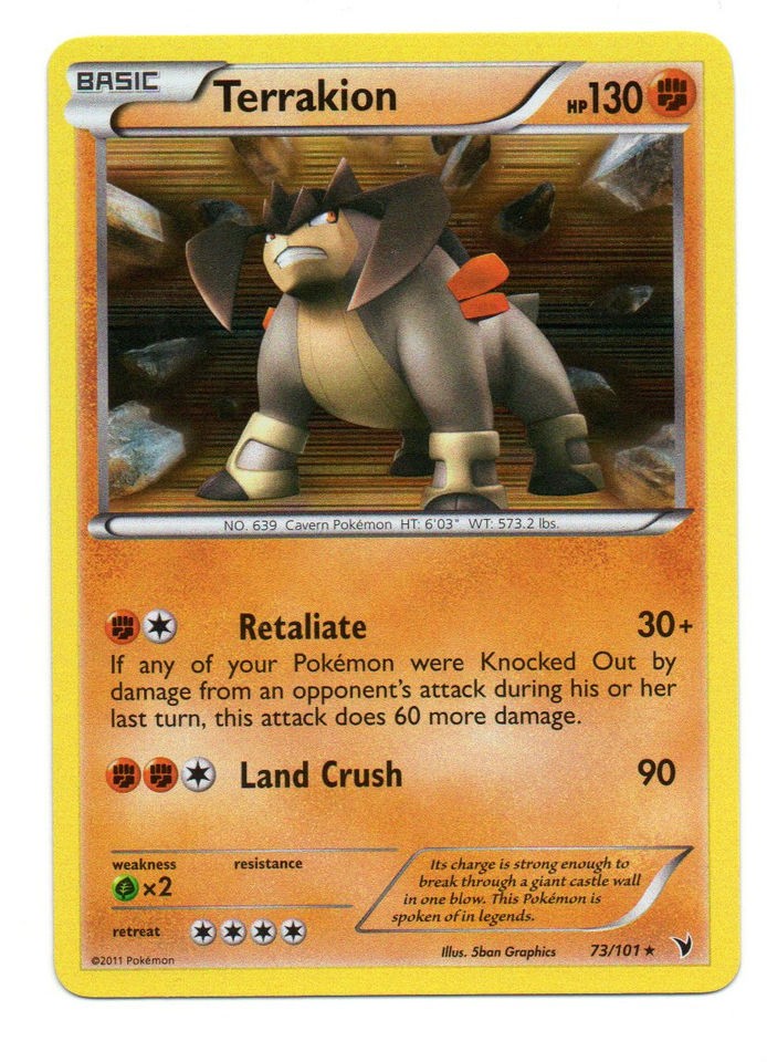 Terrakion RARE HOLO Pokemon Card Noble Victories 73/101 Retaliate