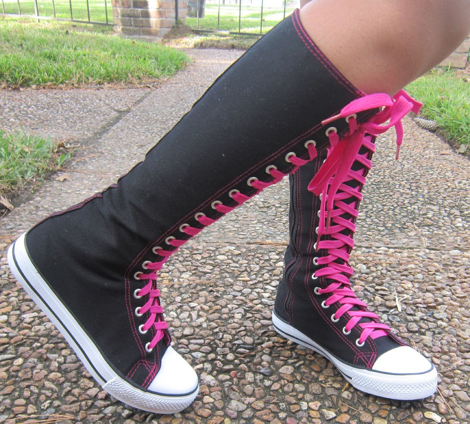 NEW Women Fashion Punk Lace Up Knee High Canvas Sneaker Boots youth 