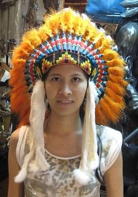 Orange Chief Indian Headdress Costume Ostrich Feather War Bonnet 