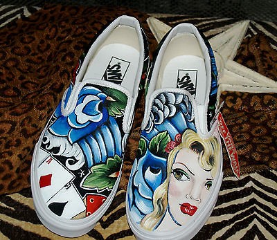 Custom TATTOO hand painted Mens Womens sneakers VANS slip ons Any size 