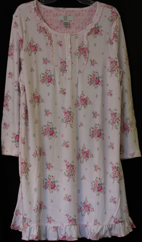 Karen Neuburger Night Gown Shirt Pink Stripes Roses Victorian Ruffles 