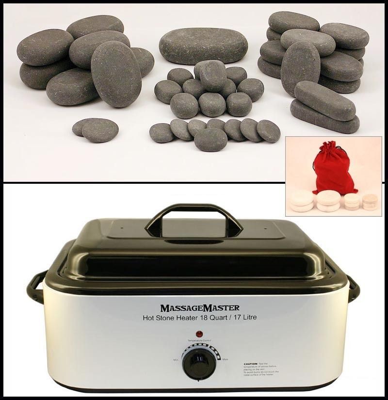 HOT/COLD STONE MASSAGE KIT 55 Basalt/Marble Stones + 18 Quart Heater 