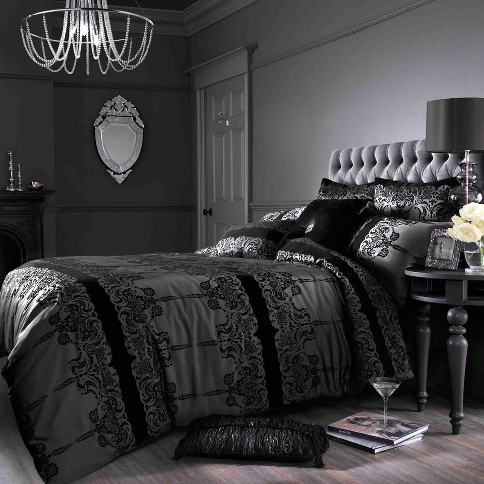 Kylie Minogue Black & Pewter Grey Astoria Faux Silk Bedding