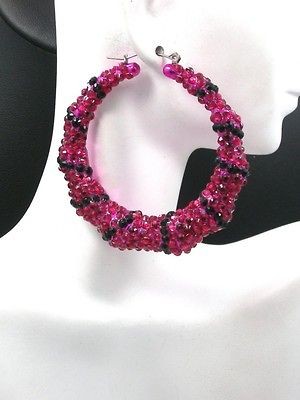   New Bamboo Door Knocker Rhinestone Hoop Earrings Magenta/Black