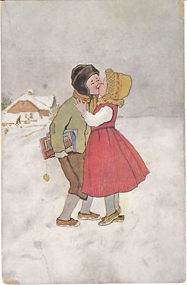   Postcard Children Kissing in Snow Love Romance Winter Early 1900s Card