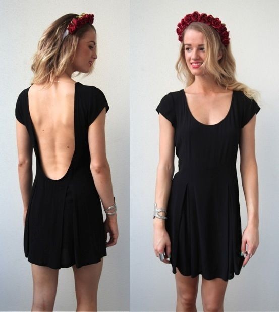 FESTIVAL BLACK SCOOP LOW CUT OUT BACK BACKLESS SKATER DRESS 6 8 10 12