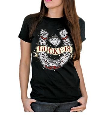 WOMENS LUCKY 13 BRAND TRUE HORSESHOE DIAMOND T SHIRT TATTOO ROCKABILLY 