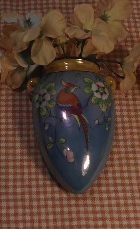 TT Takita Wall Pocket Vintage Lusterware Planter Dogwood Urn Bird 