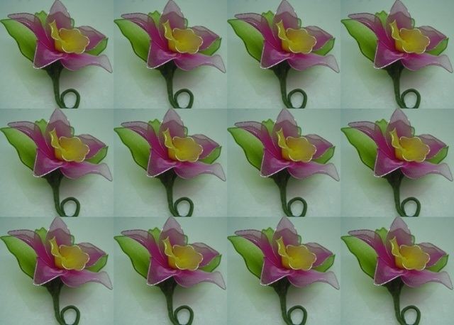   PURPLE ORCHIDS & 3 GREEN LEAVES WITH PIN “ MADE OF GOSSAMER FABRIC
