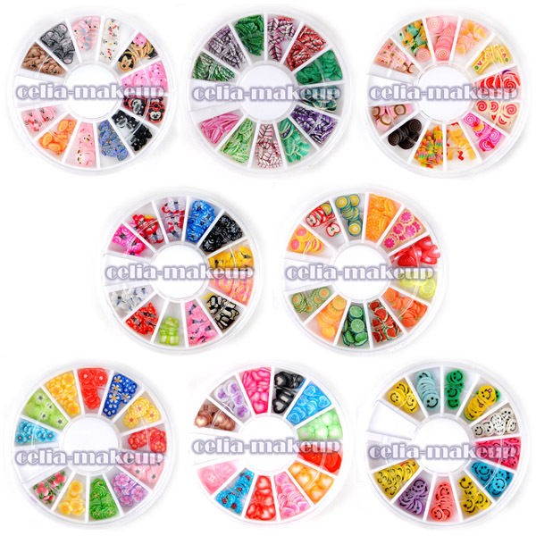 120PC 3D Mix Fimo Nail Art Tips UV Acrylic Decoration Wheel Deco Kit 