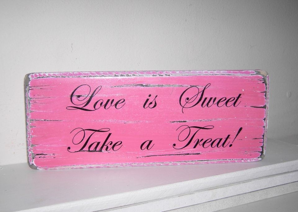 Wedding LOVE IS SWEET pink table sign, free standing, distressed 