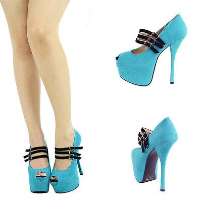   BLUE/BLK PEEP TOE 6 HIGH HEEL PLATFORM MARY JANE STILETTO PUMP SANDAL