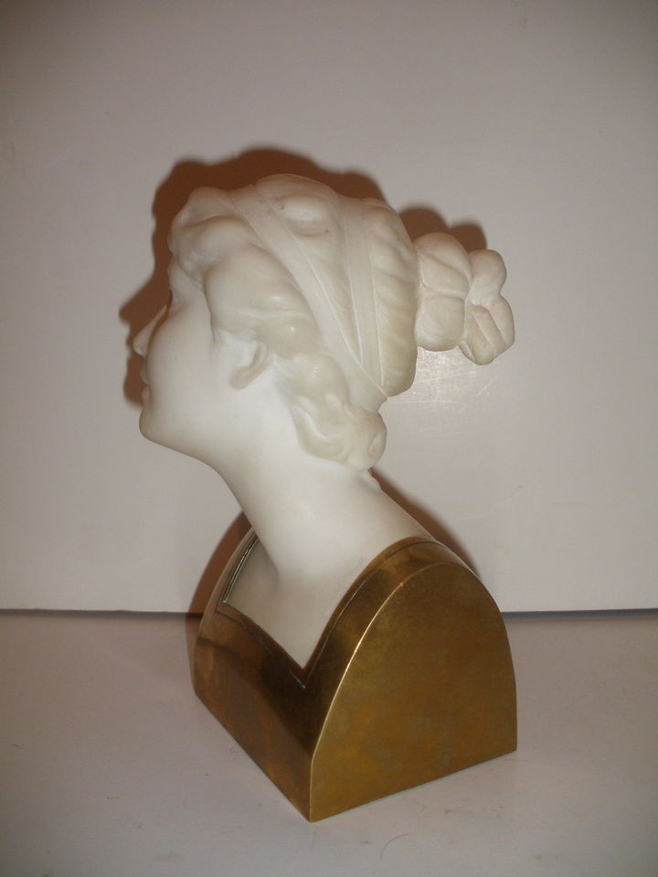 Antique Alabaster marble bronze Bust of Young Lady Woman Sculpture by 