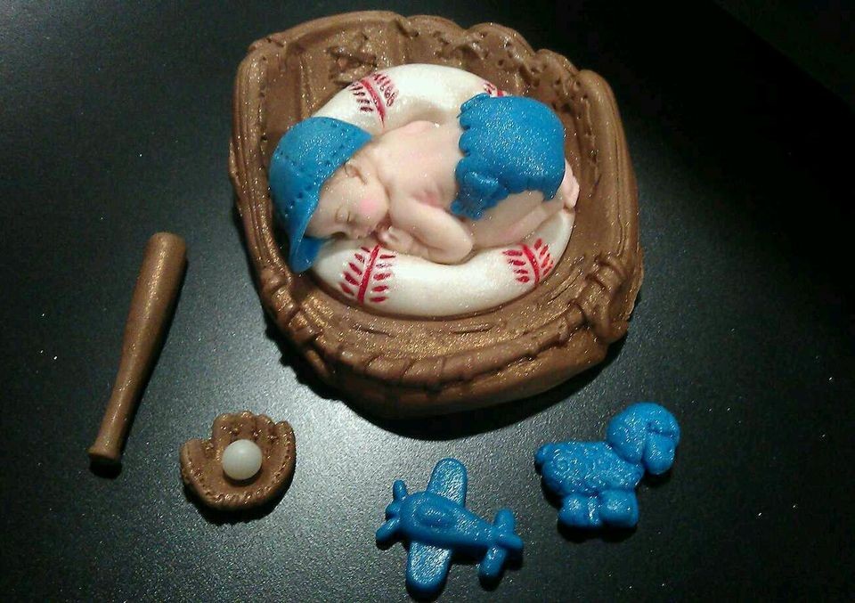 FONDANT EDIBLE BABY BASEBALL GLOVE BAT SPORT CAKE TOPPER DECORATION 