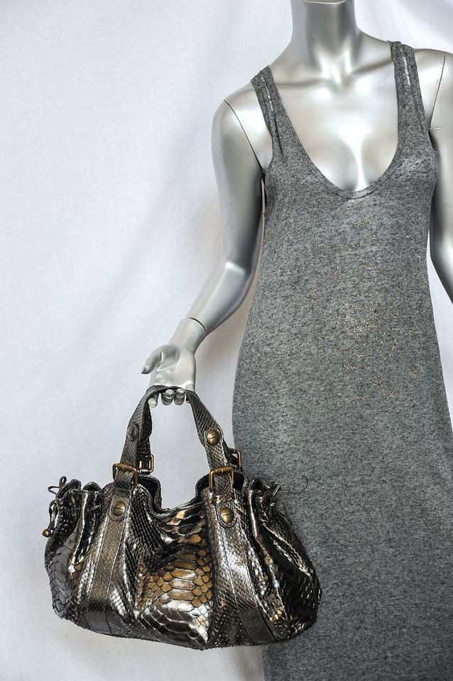 GERARD DAREL Metallic GUNMETAL SNAKESKIN 24 HOUR HR HEURES Bag Handbag 