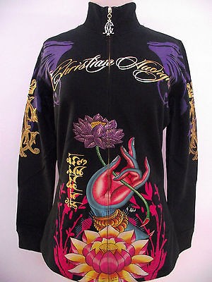   AUDIGIER ED HARDY WOMENS PLATINUM MUM TRACK JACKET RHINESTONE BLACK