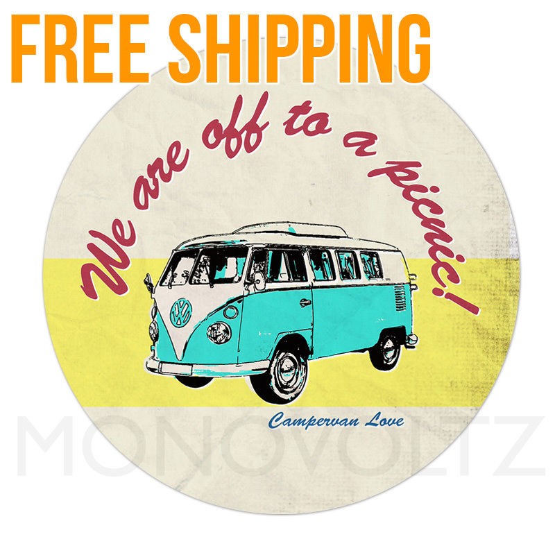   Camper Van Vintage Style Round Mouse Pad   We are off to a picnic