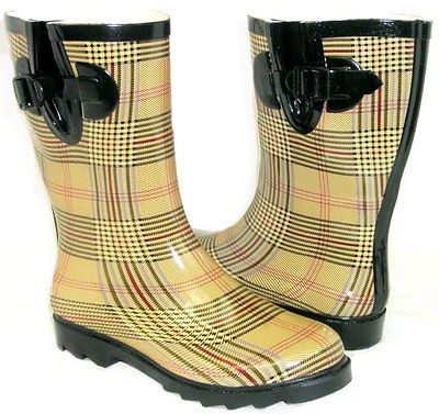   WELLIES RUBBER RAIN Boot Mid Calf Hunter BEIGE CHECKERED ALL SIZES