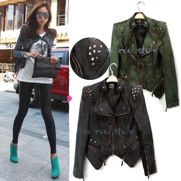 Womens Punk Retro Studded Shoulder Notched Lapel Denim Jacket Tuxedo 