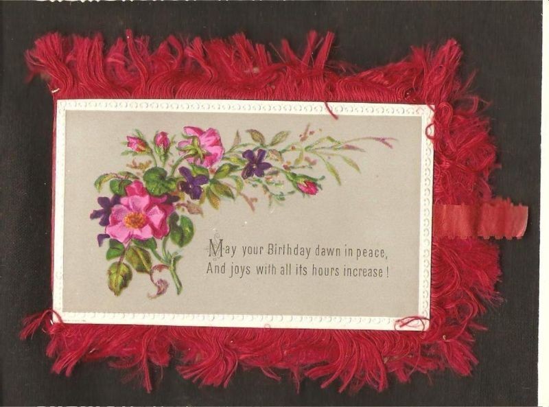 VICTORIAN UNUSED BIRTHDAY 4 Card RED SILK FRINGE & TIES