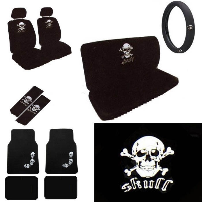 15pc Set Seat Cover White Skull Crossbone Skeleton Floor mat+Wheel 