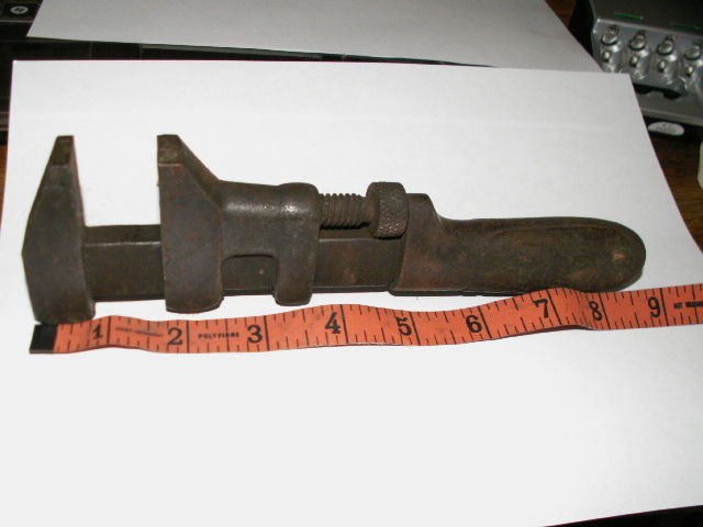 vintage old adjustable antique wrench J H Williams monkey pipe wood 