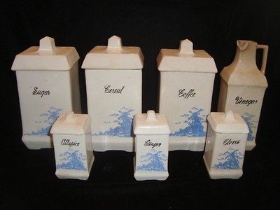 ANTIQUE CANISTER SET DUTCH SCENE OLD CERAMIC POTTERY