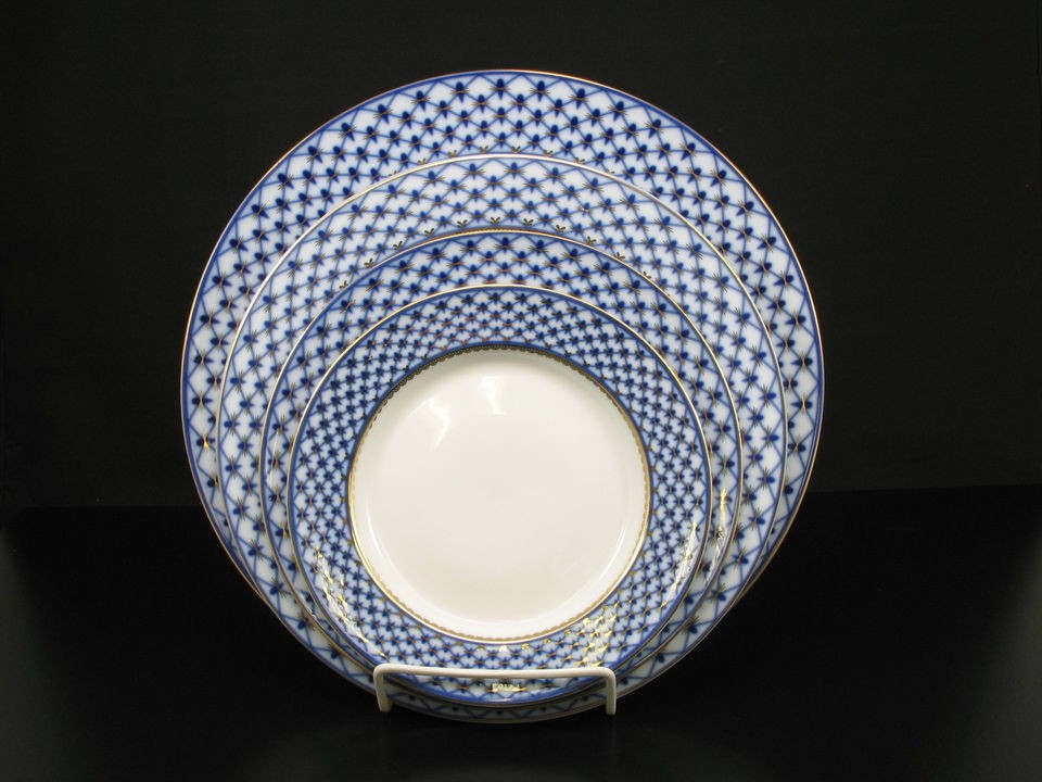   DESIGN 6 DESSERT/SALAD PLATES 7.5 COBALT NET FINE PORCELAIN 22KT GOLD