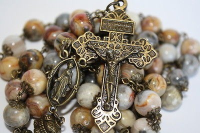 10mm Huge Crazy Lace Agate Bronze Rosary w Bumpy Pater Handmade in 