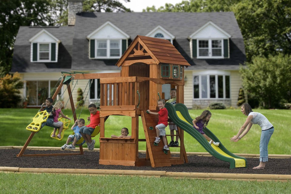 18x8 WOODEN SWINGSET + SLIDE CLUBHOUSE ROCKWALL SWINGS & DECK