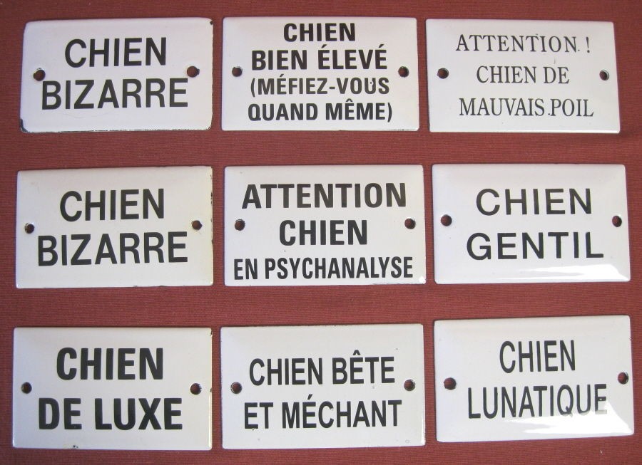   FRENCH BEWARE OF LUNATIC / BIZARRE DOG ENAMEL DOOR / GATE SIGNS