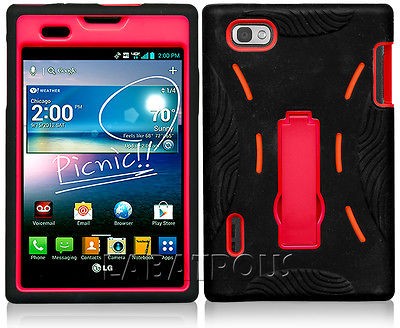 LG Intuition Optimus Vu VS950 Duo Black Rubber Red PC Kickstand Case