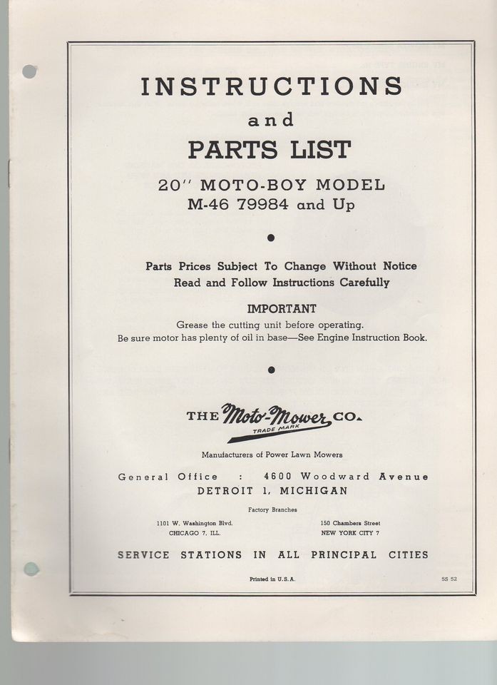 VINTAGE Ephemera ~ MOTO MOWER PARTS LIST LAWNMASTER 20 1950S m46