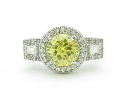 PLATINUM STERLING SILVER DIAMOND SET PAVE YELLOW SAPPHIRE ROUND CUT 