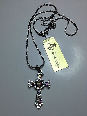 NWT Premier Designs Necklace CROSS Aurora Borealis Crystals Silver 