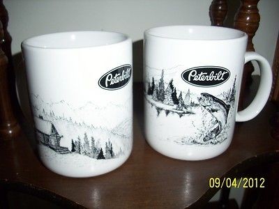 Pair of Mugs Peterbilt Logo & Fishing & Horse Rider Etchings